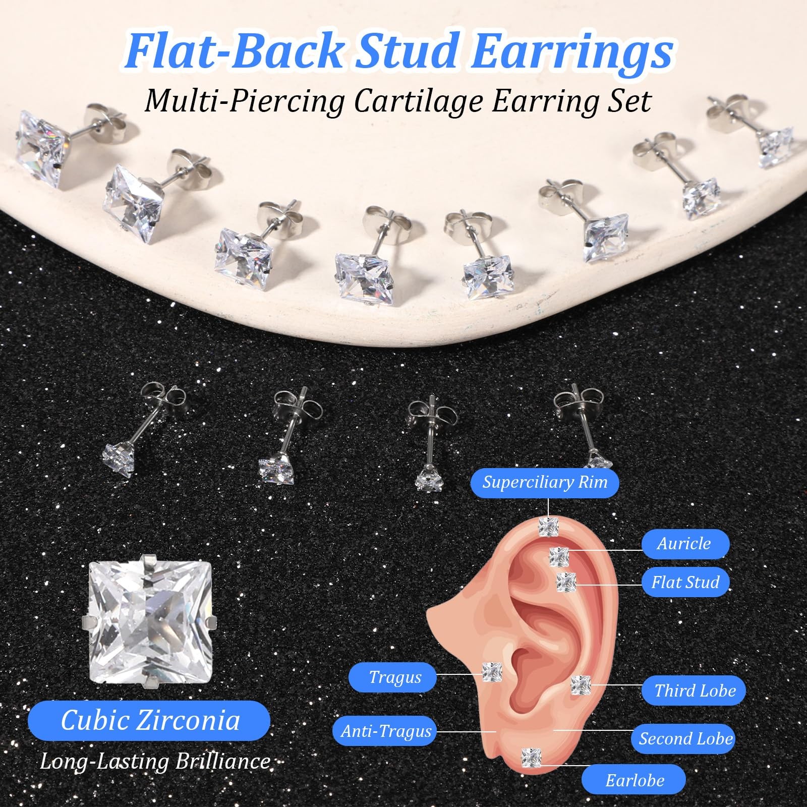 6 Pairs Square Stud Earrings Set for Women Men – Surgical 316L Stainless Stee…