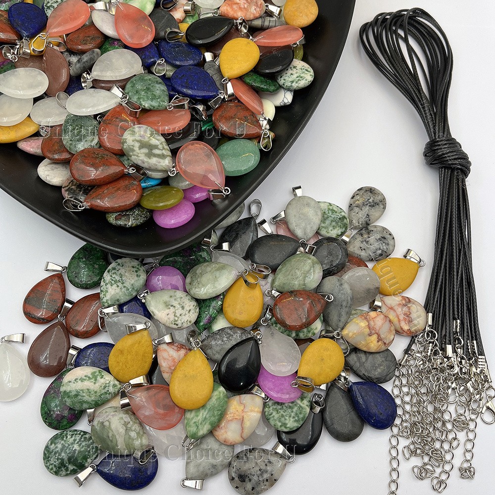 25/50Sets Natural Stone Teardrop Pendant Necklaces Bulk for DIY Jewelry Making