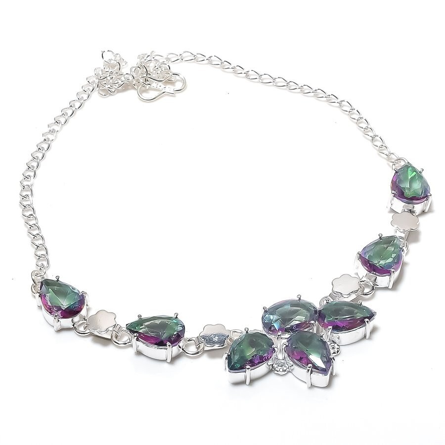 Mystic Topaz Gemstone Handmade 925 Sterling silver Necklace Size 18”