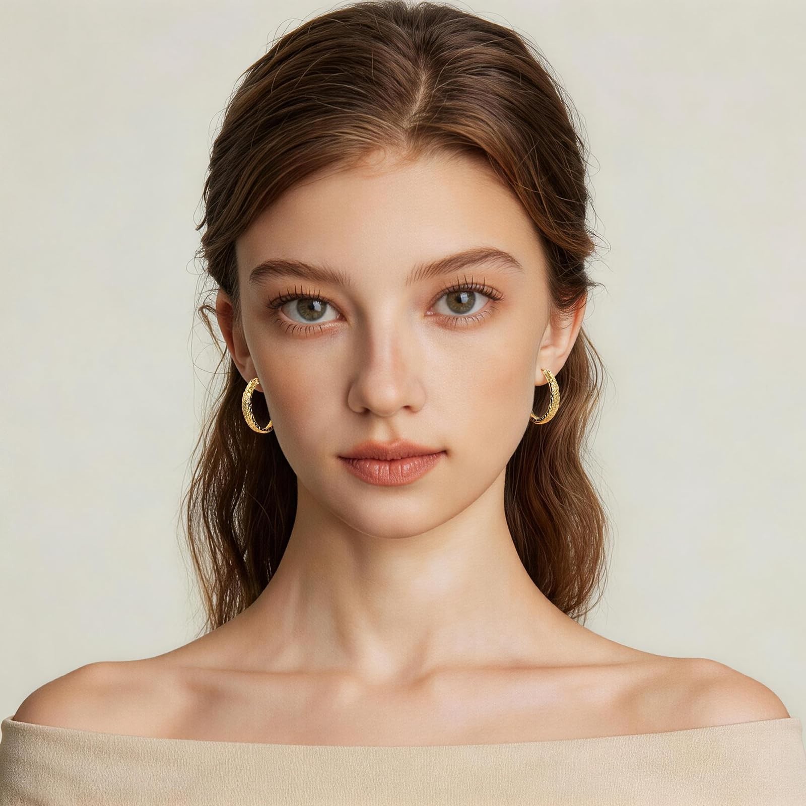 14K Yellow Gold Hoop Earrings for Women 4.4mm*25mm Trendy Diamond Cut Texture…