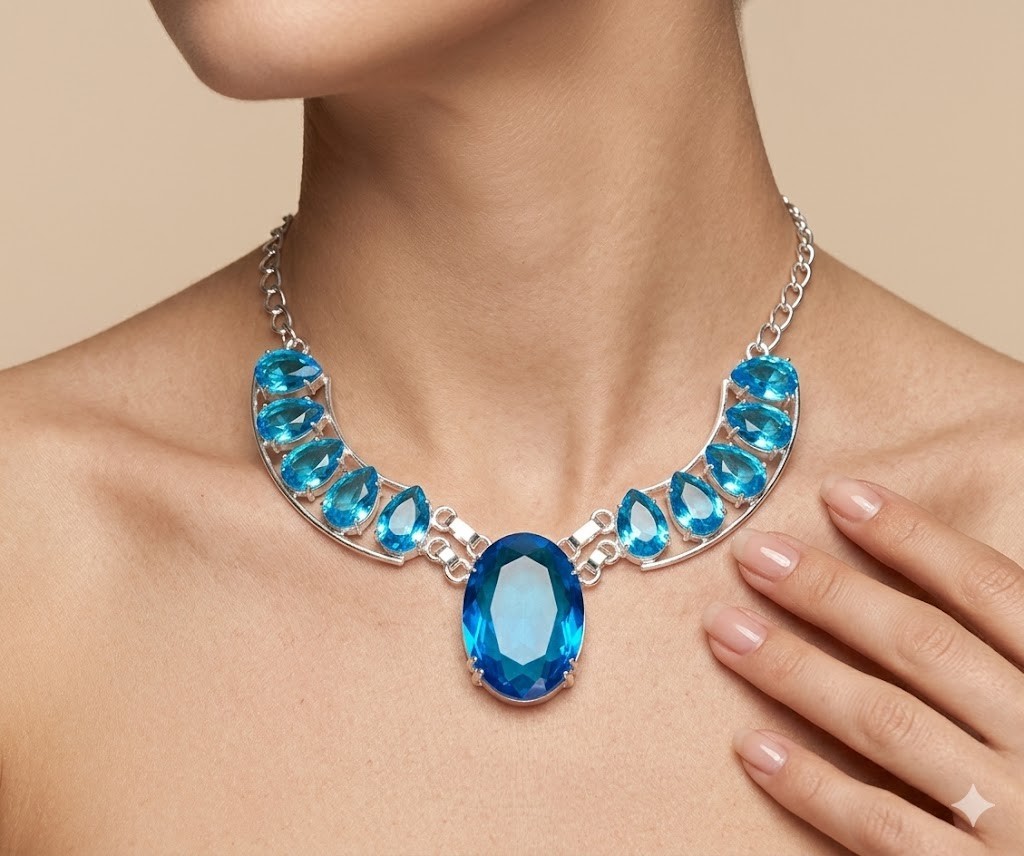 Swiss Blue Topaz Gemstone 925 Sterling Silver Jewelry Necklace Size-17-18″