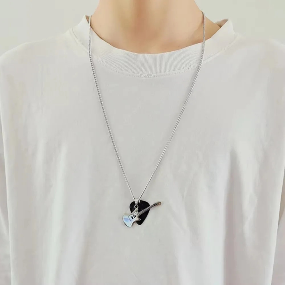 Hip-hop Guitar Pick Pendant Necklace Titanium Steel Trendy Guitar Chain Choker P