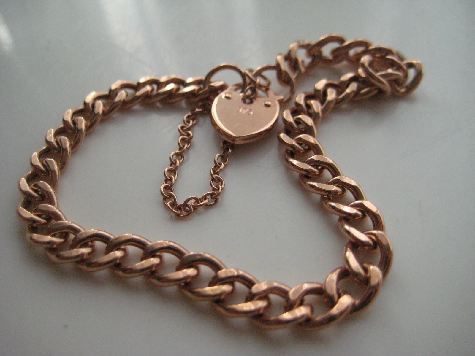 Gold Links Bracelet With Screw Heart Charm & Safety Chain 9 Carat Rose Ladies