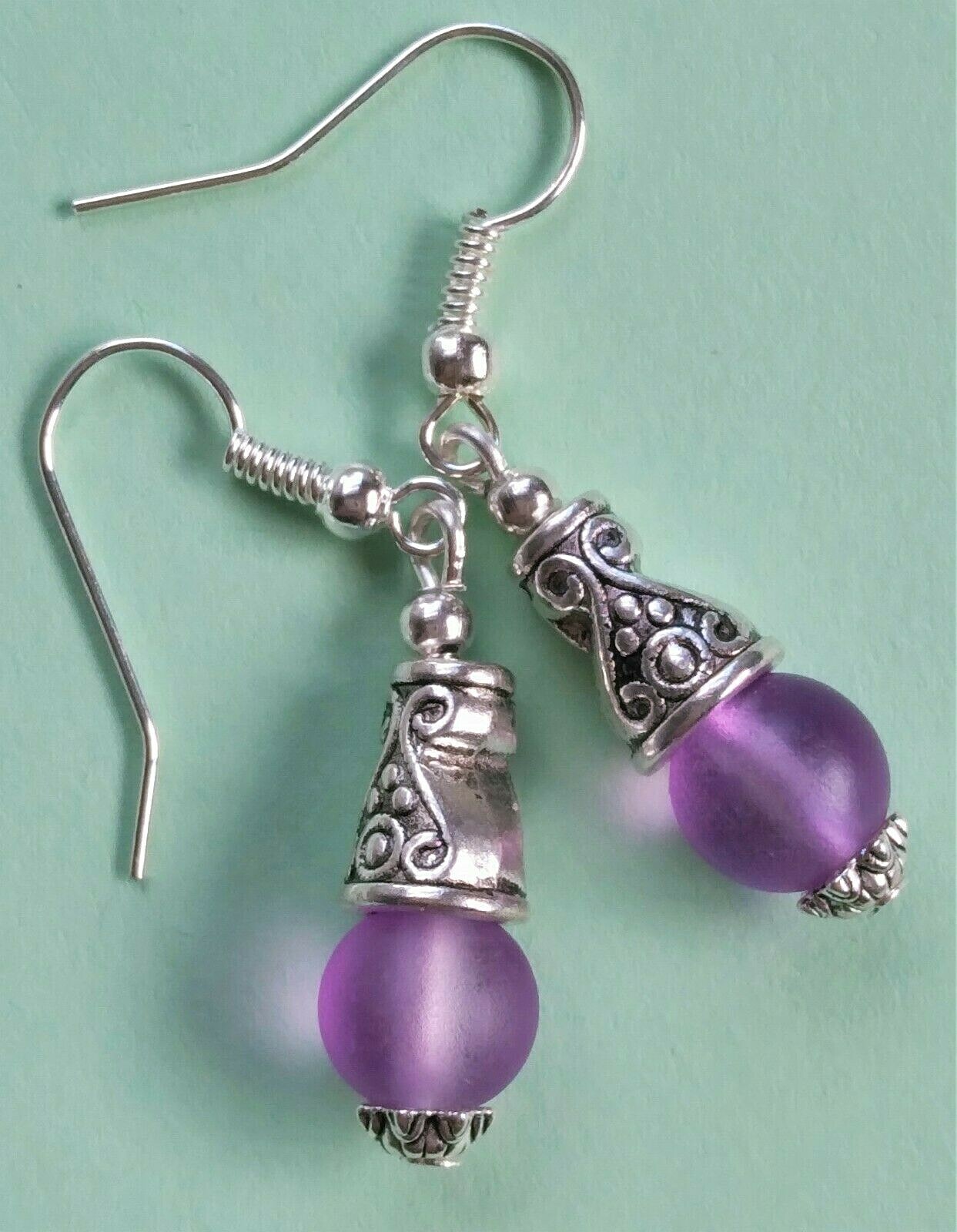 lavender frosted GLASS Bali style drop earring SP fish hook HANDCRAFTED
