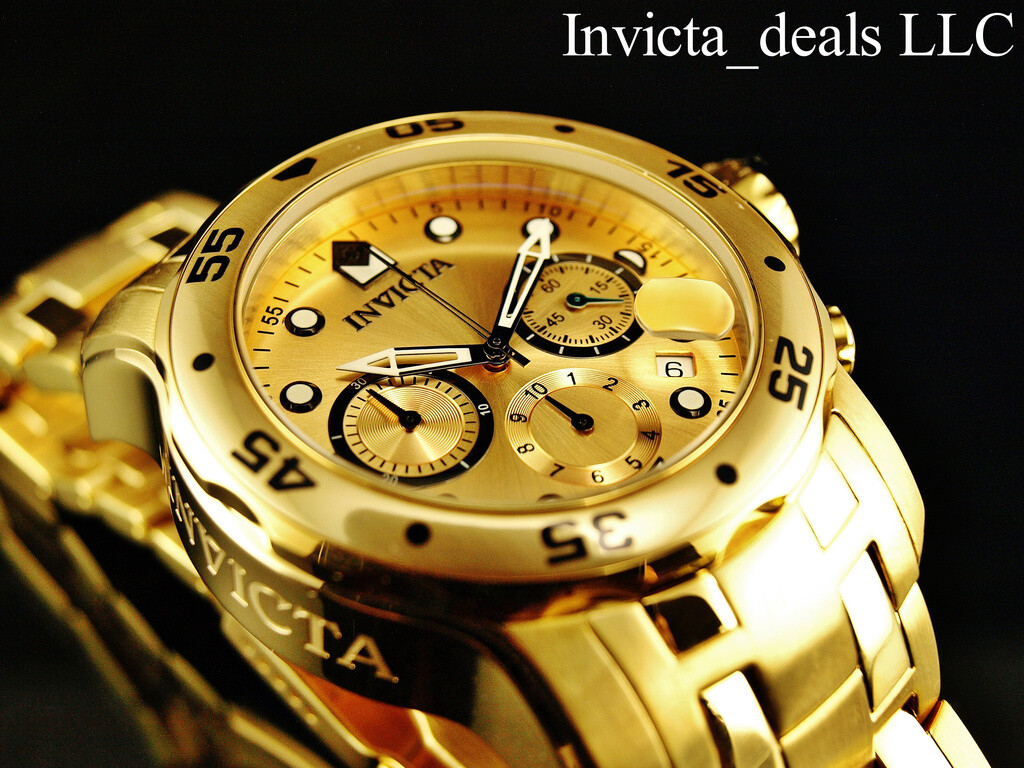 Invicta Men’s 48mm PRO DIVER Scuba Chronograph Gold Dial 18K Gold Plated Watch