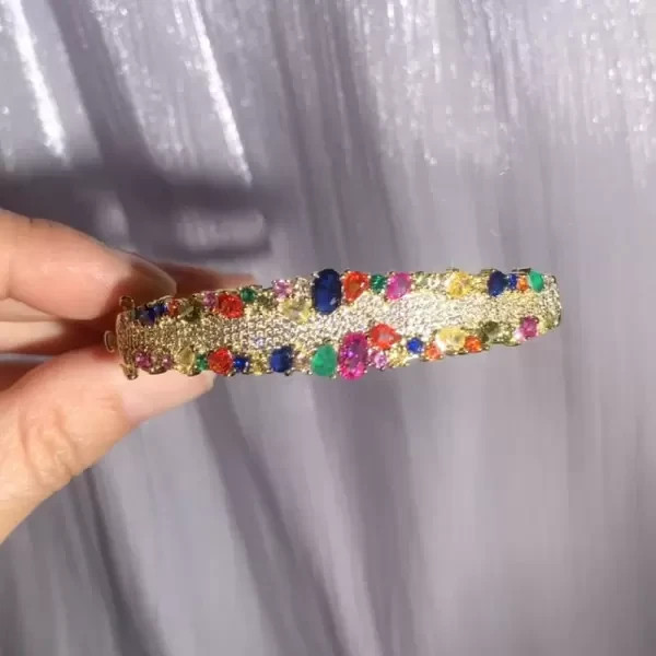 10 Ctw Created Multicolor Sapphire Cluster Rainbow Bangle 14k Yellow Gold Plated