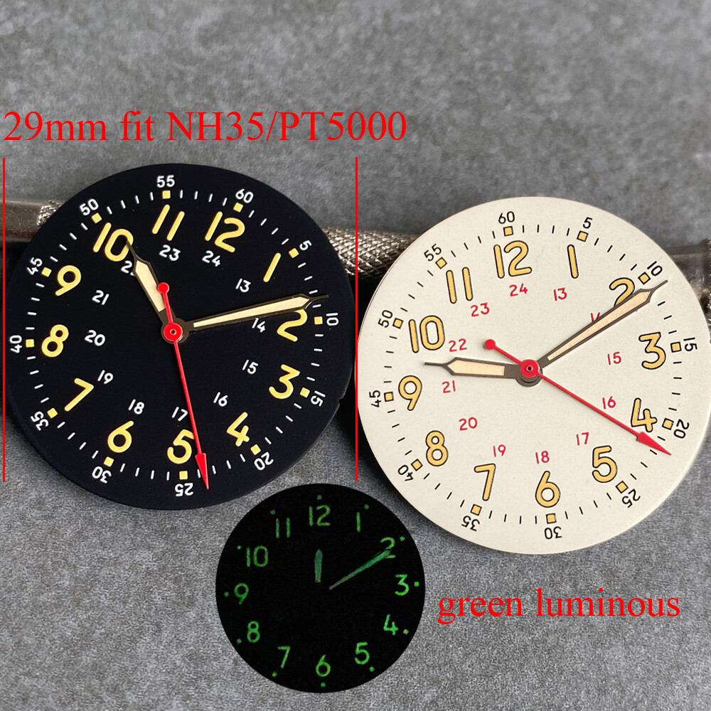 Cream Black Field Watch Dial 29mm Lume Yellow Mark Fit NH35 NH38 PT5000 Parts
