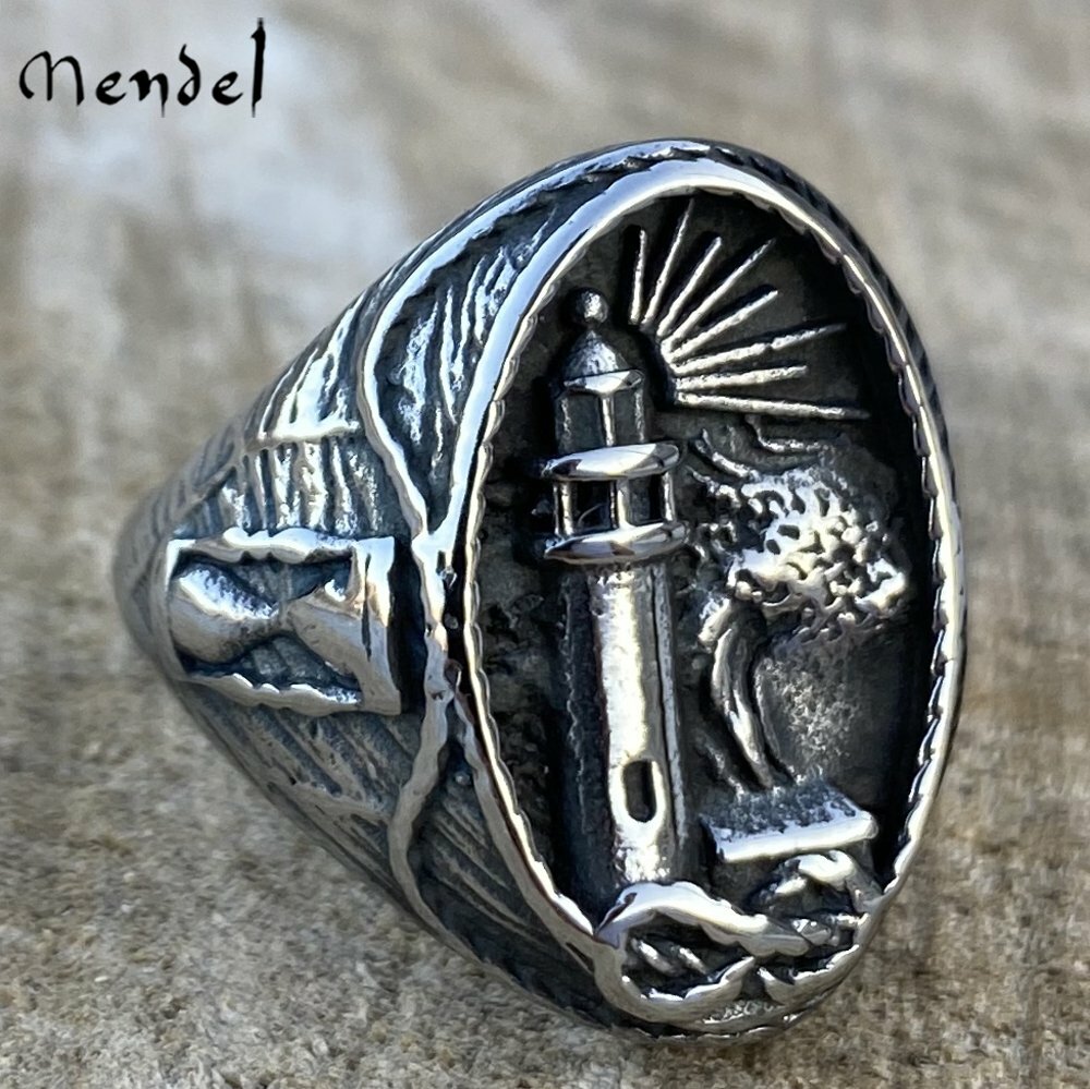 MENDEL Mens Stainless Steel Nautical Lighthouse Hourglass Marine Ring Size 7-15