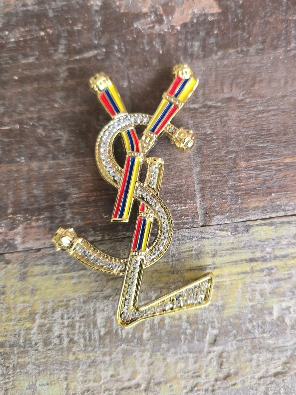 YSL Yes Saint Laurent Paris Brooch Pin Multi Color Gold Tone & Rhinestones