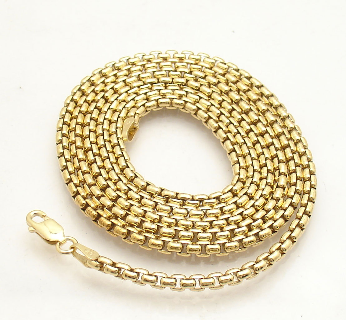 2.5mm Solid Round Box Chain Necklace 14K Yellow Gold Plated 925 Silver 16 ~ 24″