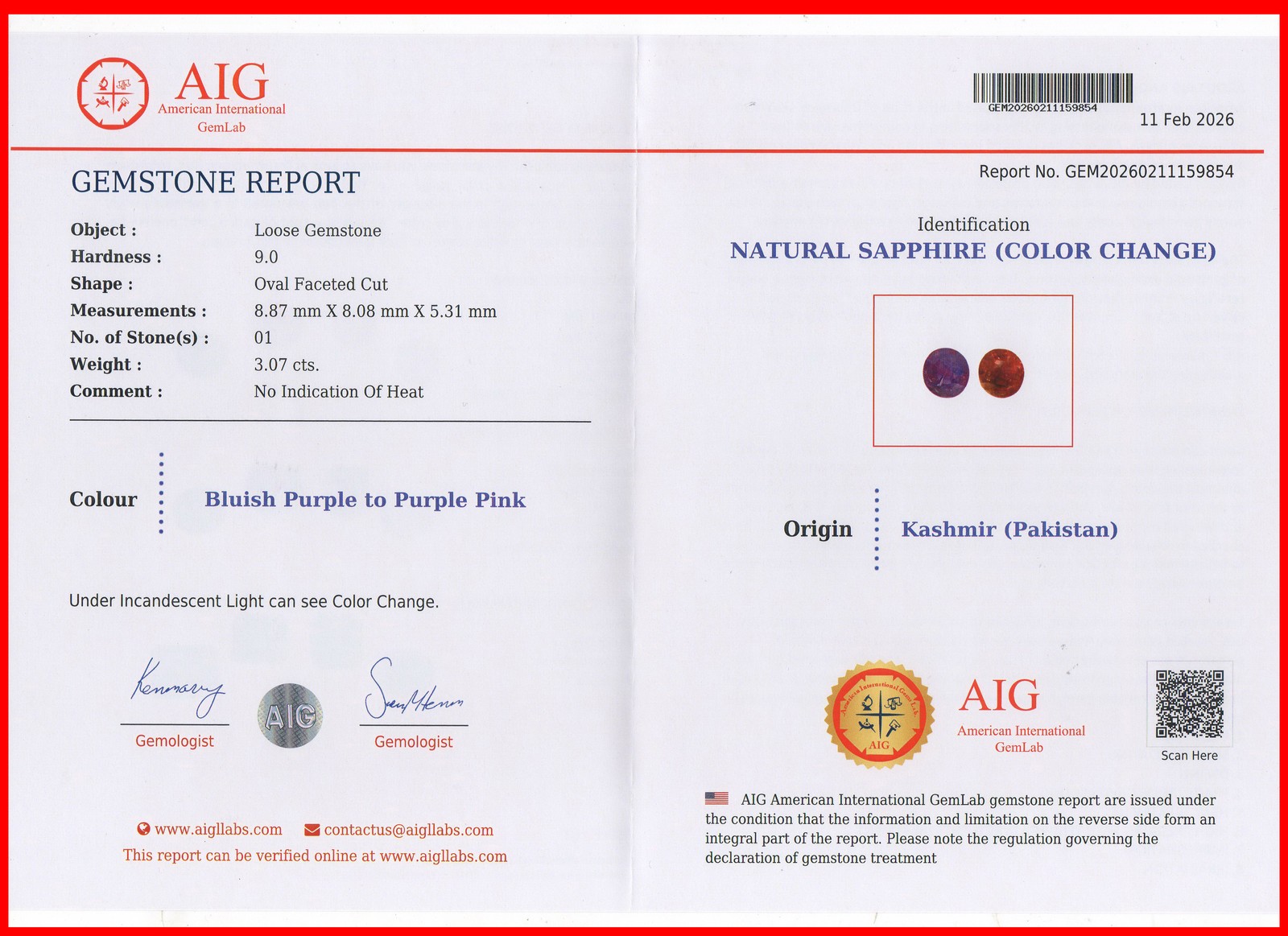 3.07 Cts_AIG Certified_100 % Natural Unheated KASHMIR Color Change Sapphire
