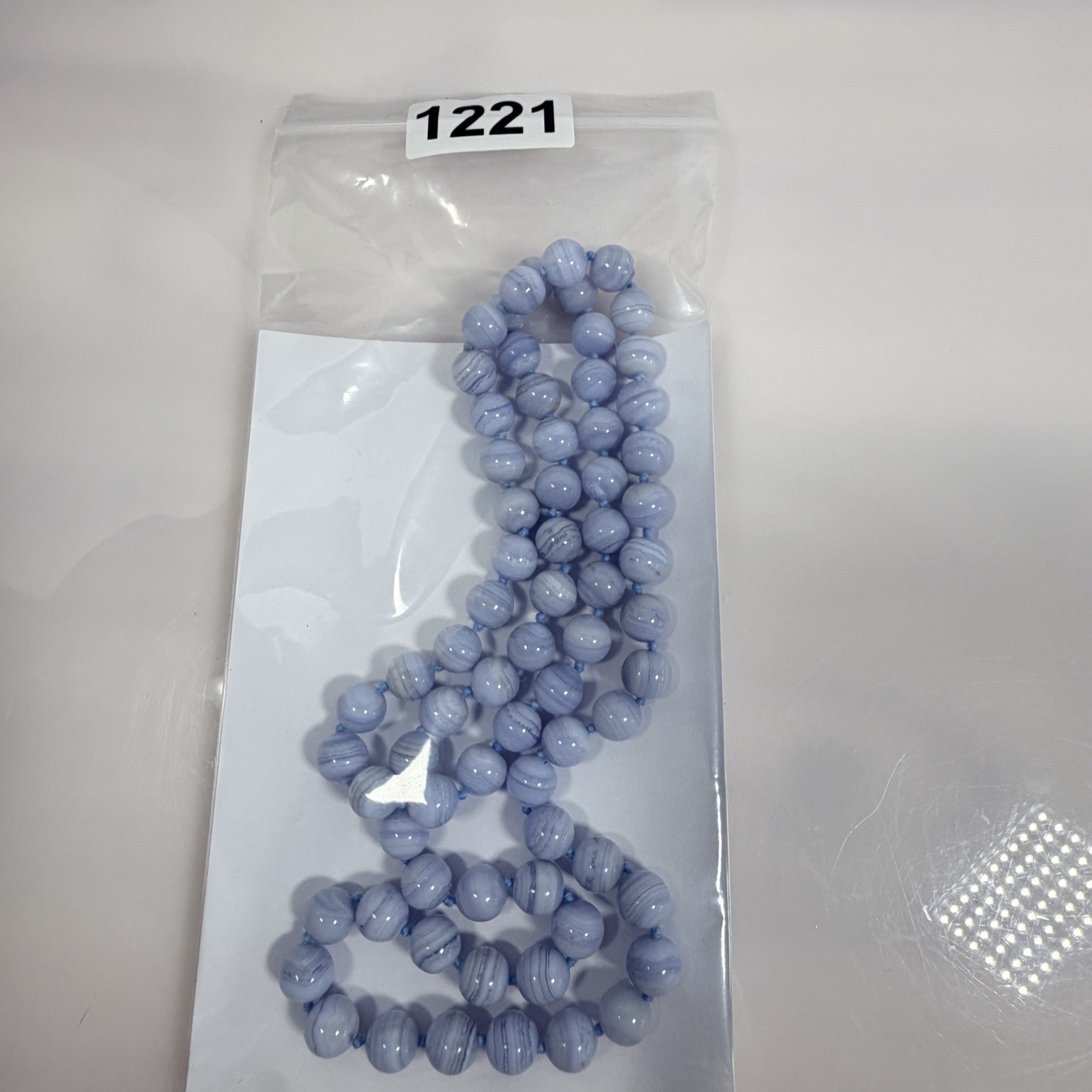 Vintage Blue Lace Agate Beaded Necklace 31″ Endless Strand Hand Knotted 9.7 mm