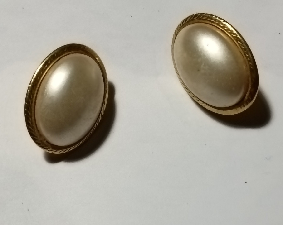 Monet Gold Plated Oval White Imitation Pearl Stud Earrings, Bezel, Screw Back