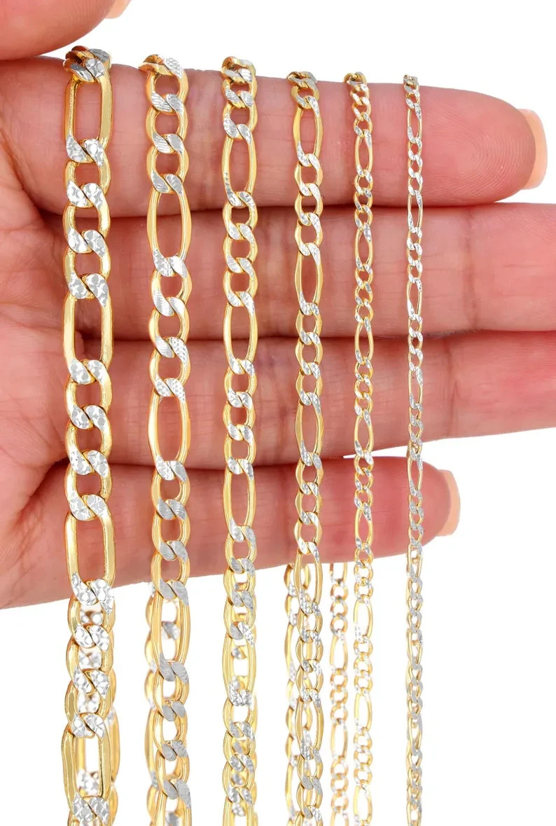 Real 14K Yellow Gold Diamond Cut Figaro Chain Necklace for Men & Women