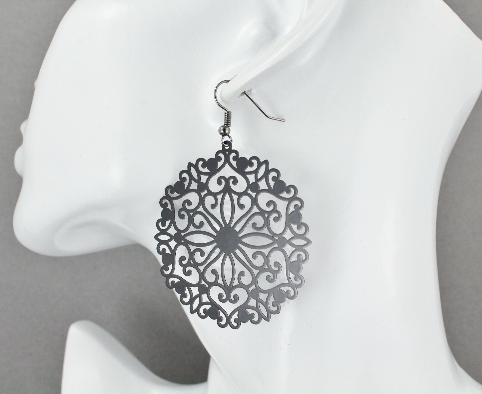 Black round earrings cut out lace filigree scroll circle 2.5″ long very Light
