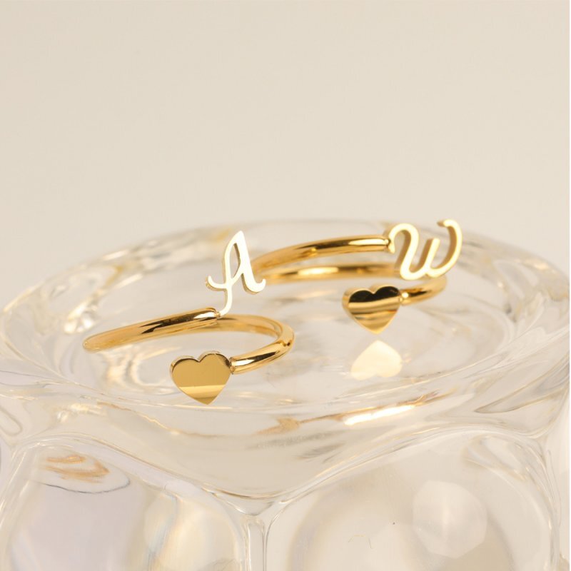 Stainless Steel 26 A-Z Initial Letters Heart Ring Adjustable Jewerly Women Gift