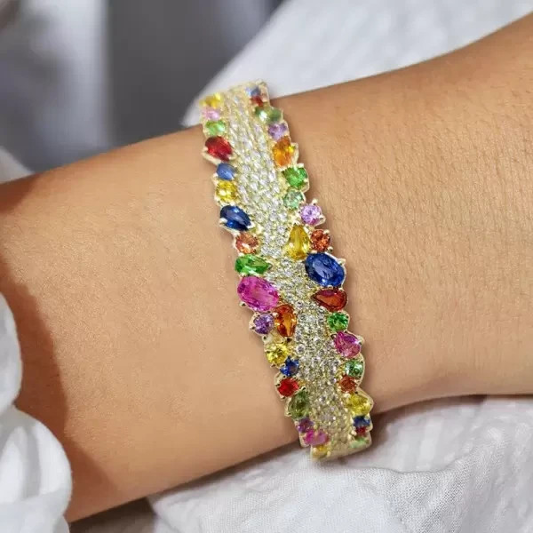 10 Ctw Created Multicolor Sapphire Cluster Rainbow Bangle 14k Yellow Gold Plated