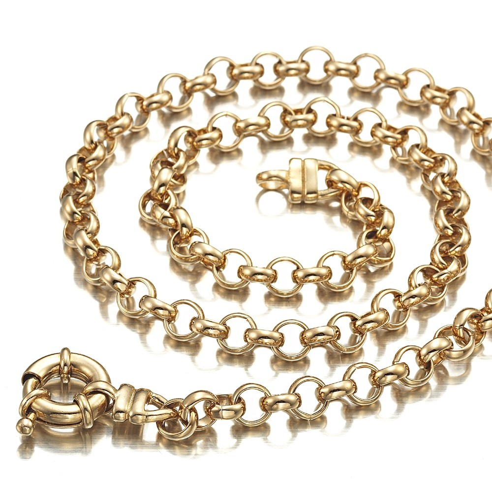 18K GL Solid Belcher Yellow Gold Necklace with Antique Style Lifebuoy Clasp