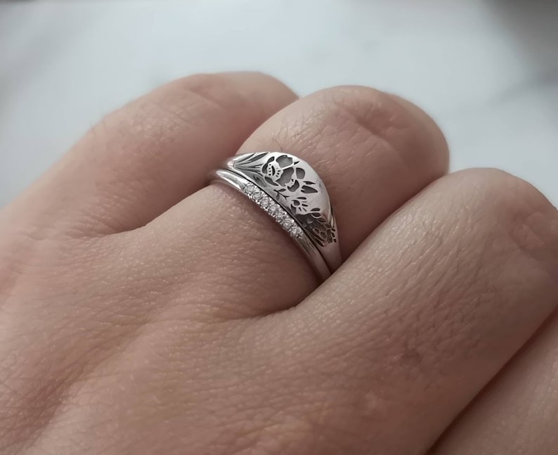 Carved Rose Flower Gold wedding ring set for Women Elegant Anniversary Sliver