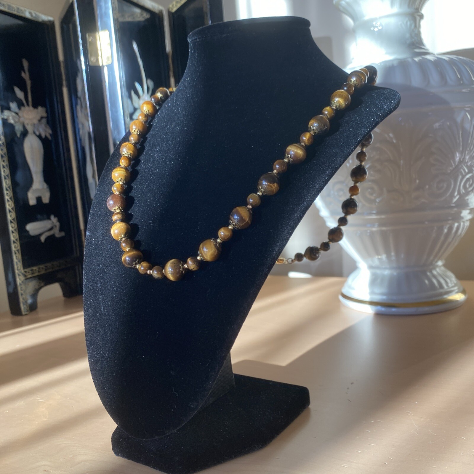 Vintage Tigers Eye Necklace Estate Fine Jewelry Pre-Owned Floral Filigree 25″