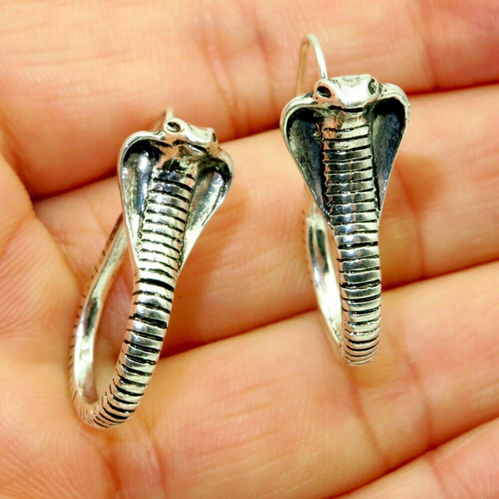 Elegant Silver King Cobra Snake Earrings, Fashion Jewelry Charm Hook Earrings
