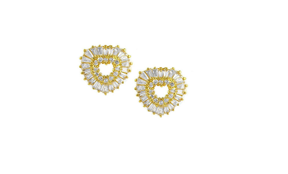 925 Sterling Silver Baguette & Round Cut Love Heart Earrings In 18k Yellow Gold