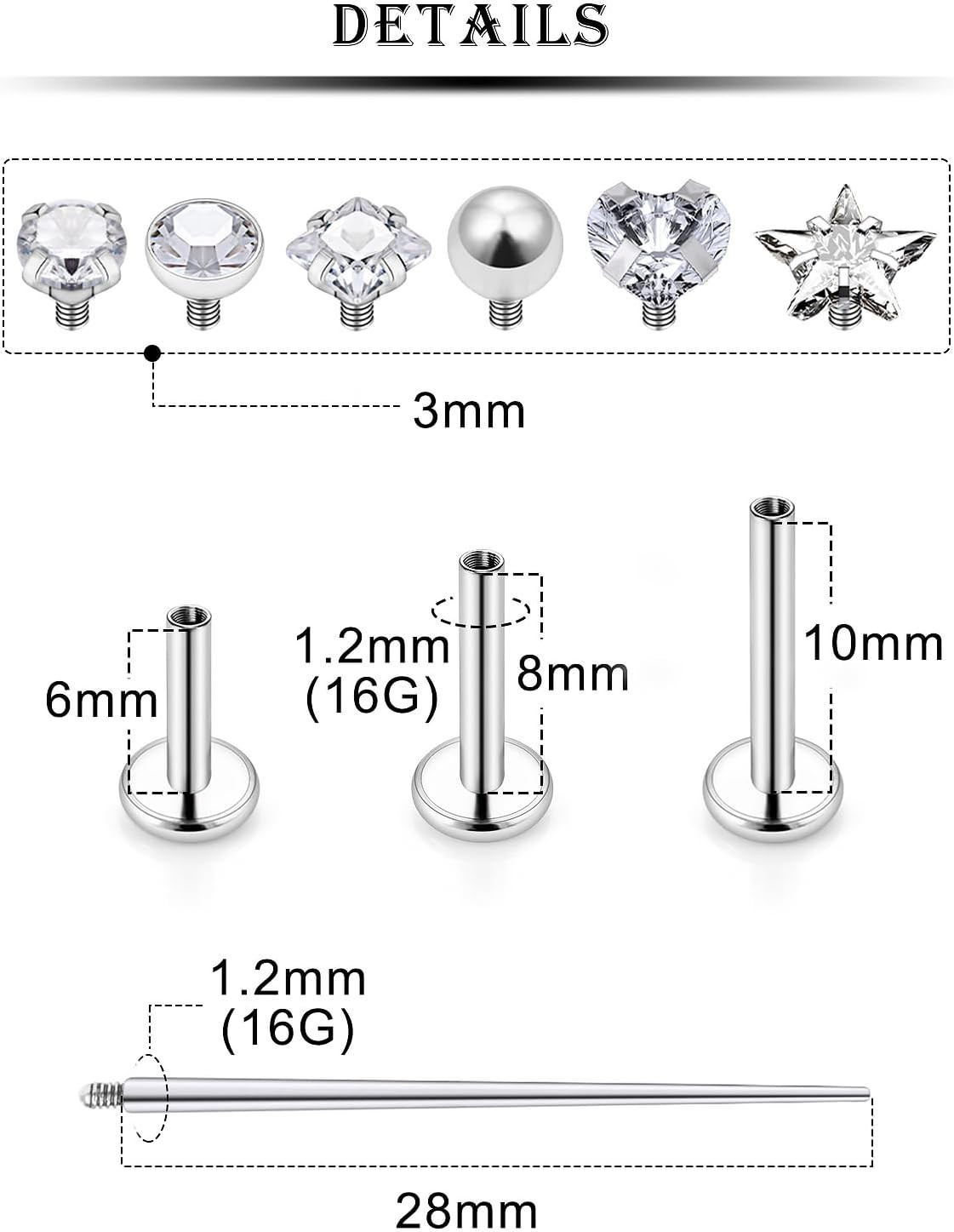 16G Lip Labret Medusa Rings Studs Internally Threaded 316L Surgical Steel Snake