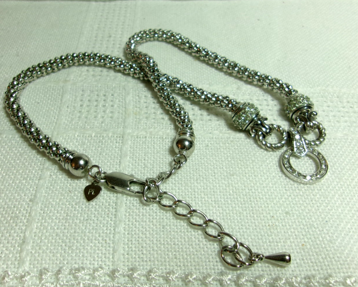 PLATED PLATINUM POPCORN STYLE CHAIN RHINESTONE DROP NECKLACE HEART HANGTAG “PL”