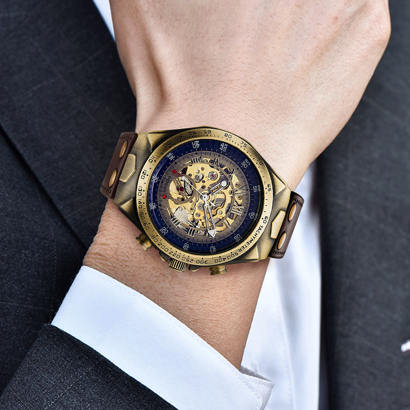 Luxury Men’s Automatic Mechanical Wrist Watch Leather Strap Retro Skeleton Dial