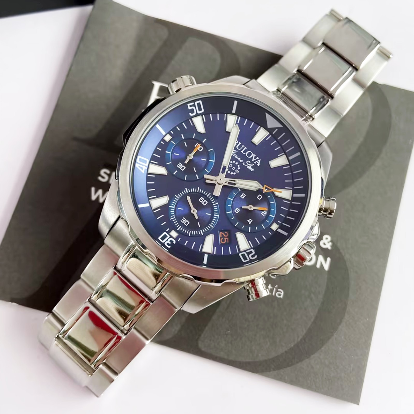 Bulova Marine Star Men Blue Dial Silver Steel Chronograph 96B256 Watch 43mm