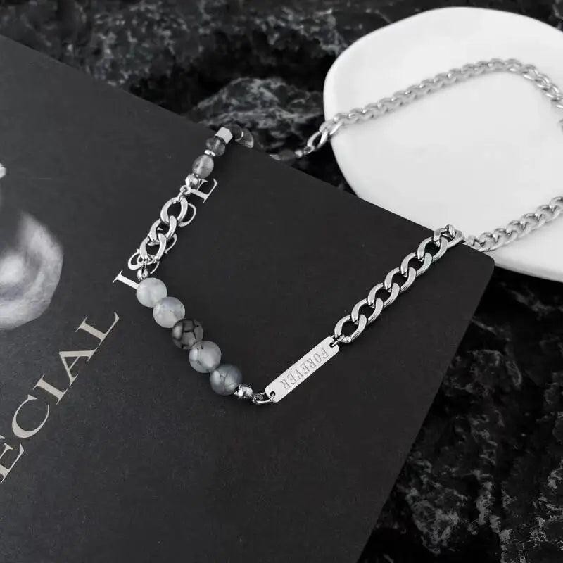 Stainless Steel Gray Glass Beaded Choker Necklace for Men Women Hiphop Jewelry G