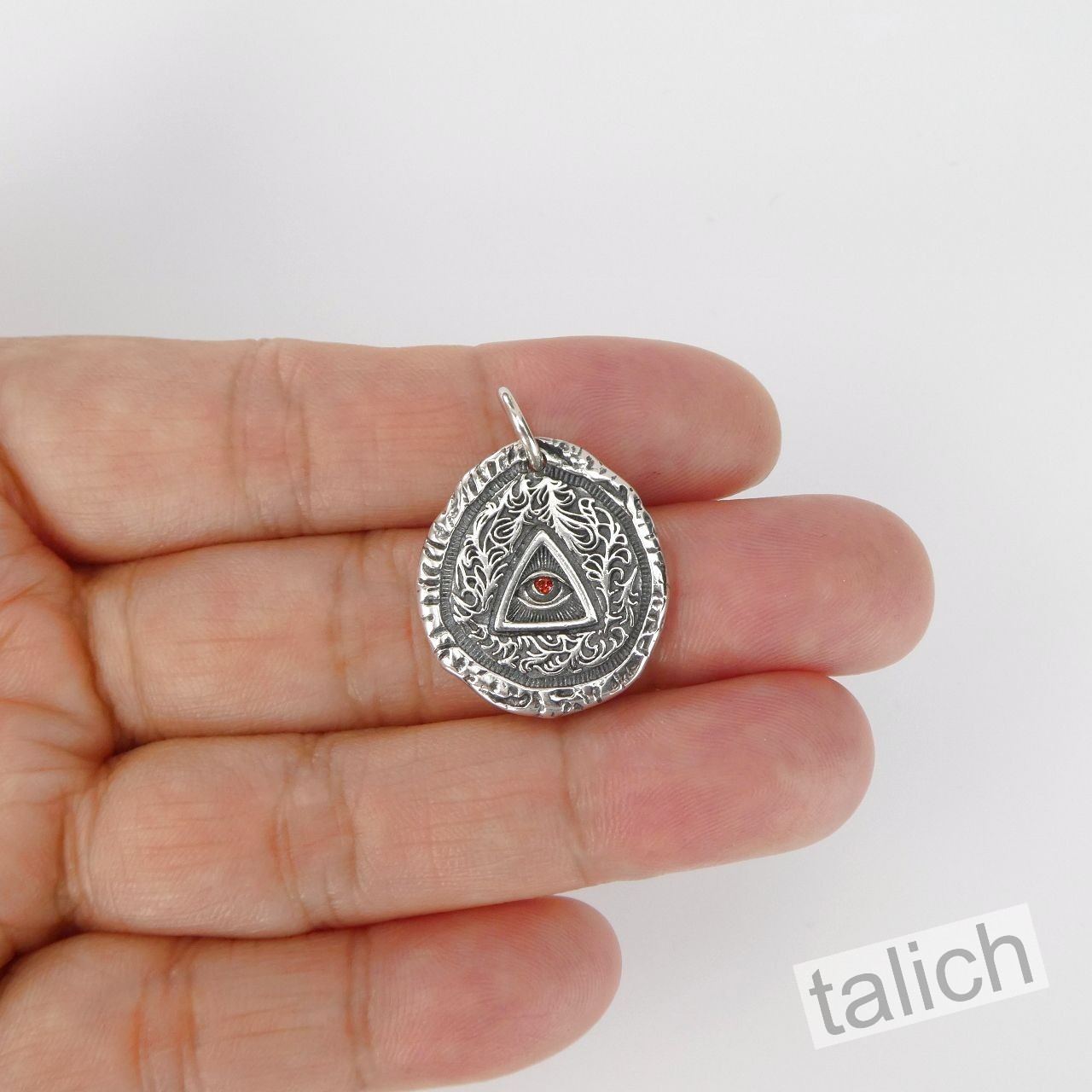 925 Sterling Silver Ornate Scrolls Red CZ All Seeing Eye Charm Amulet Pendant