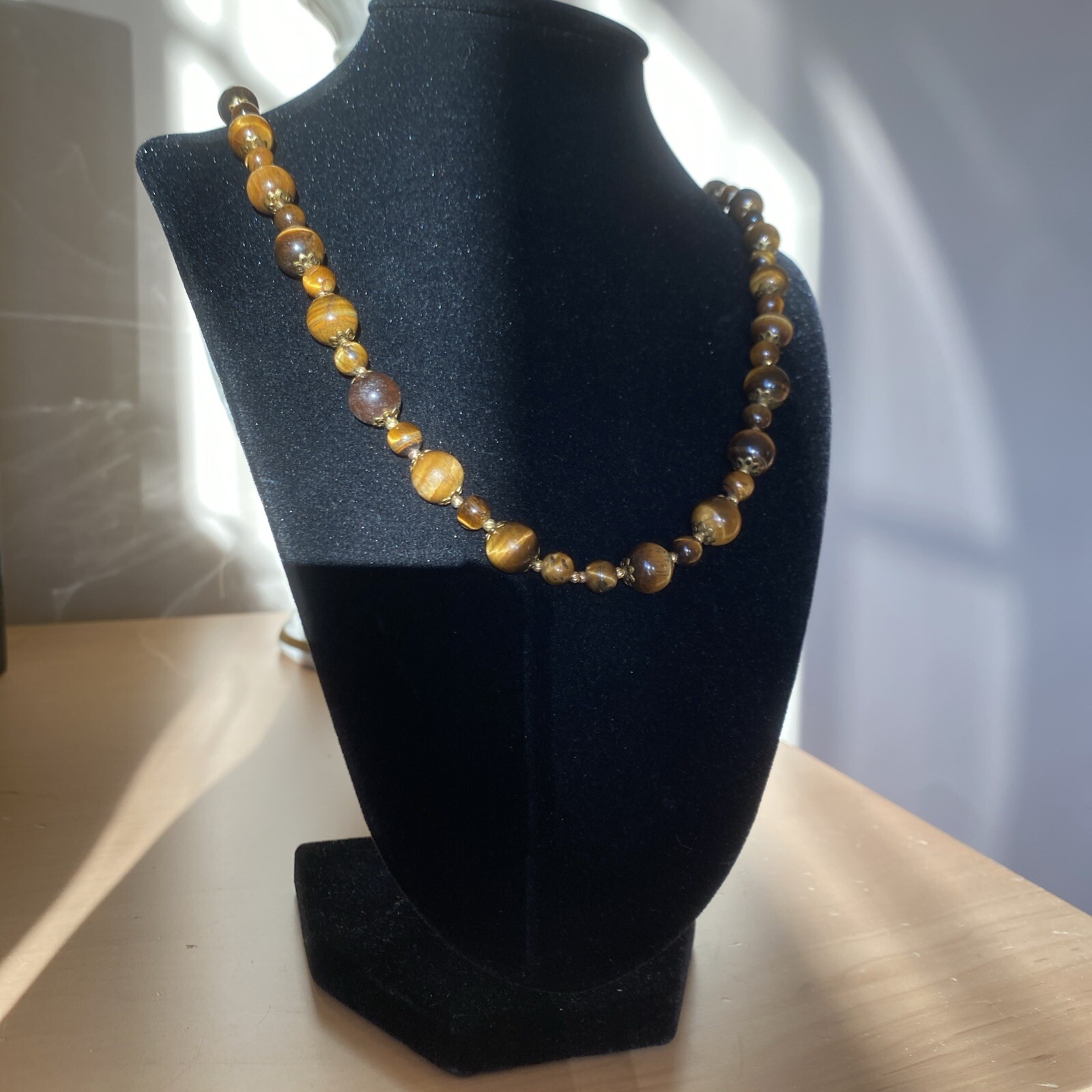 Vintage Tigers Eye Necklace Estate Fine Jewelry Pre-Owned Floral Filigree 25″