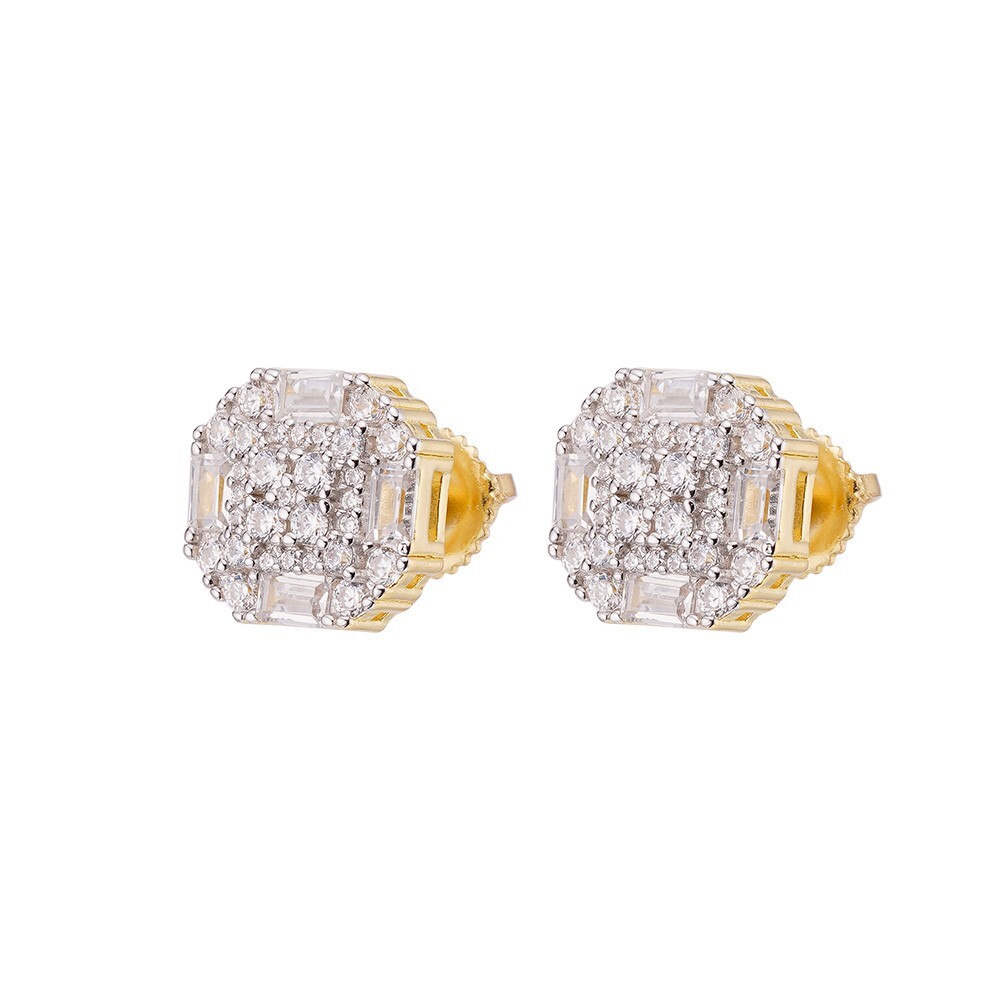 Screwback Earrings Real 14k Gold Plated 925 Silver CZ Baguette Iced Studs HipHop