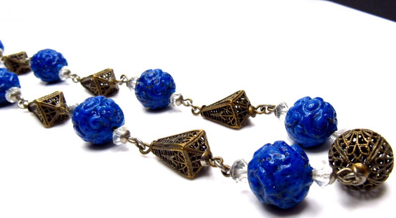 Art Deco Neiger Carved Lapis Glass Necklace