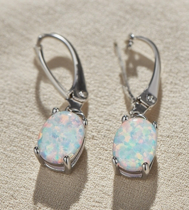 White Fire Opal Drop Earrings Sterling Silver Dainty Minimalist Women Jewelry