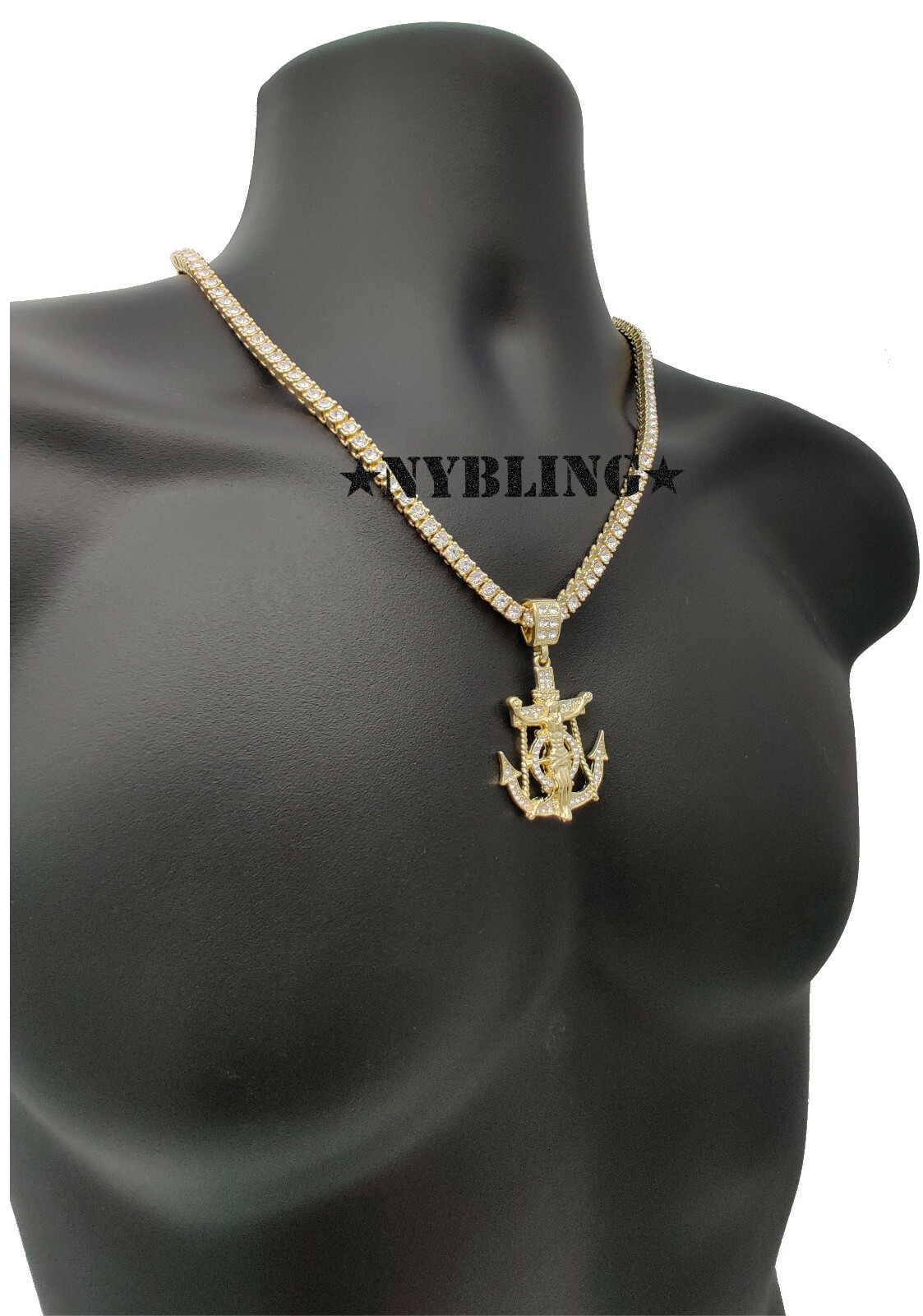 ICED Jesus Anchor Pendant with Tennis Chain Necklace Plated Hip Hop CZ Jewelry