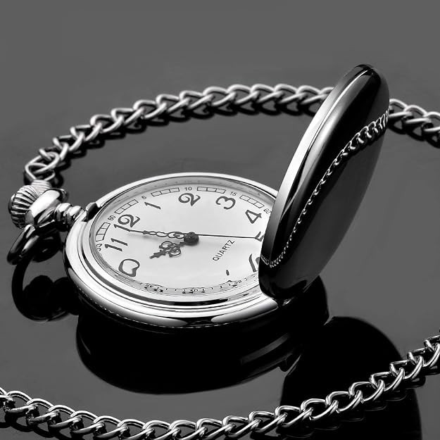 Smooth Vintage Pocket Watch with Chain, Arabic Numerals Scale Mens