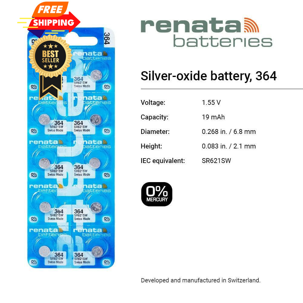 Renata 364 SR621SW Batteries – 1.55V Silver Oxide 364 1 Count (Pack of 2)