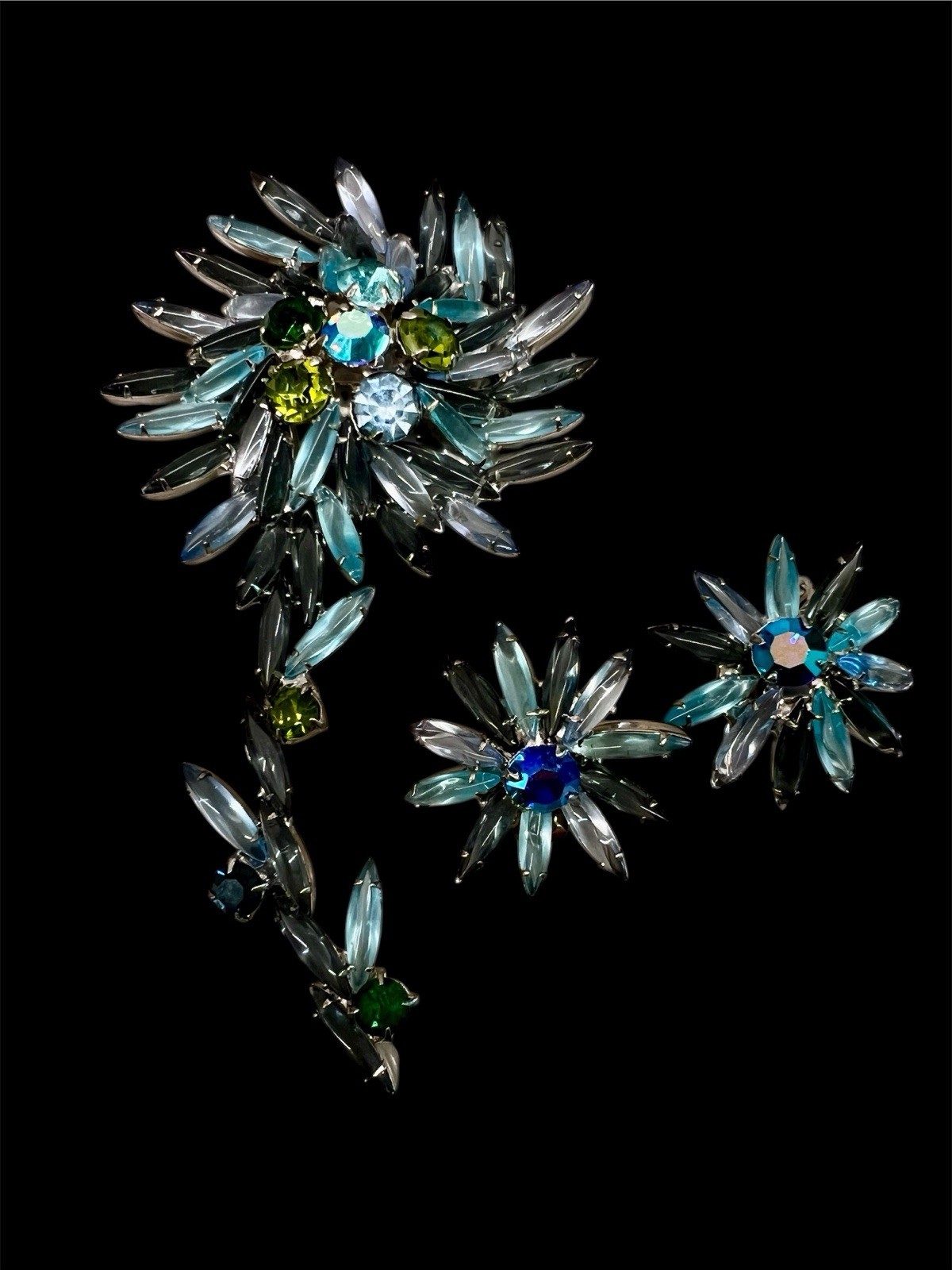 Vintage SCHREINER Unsigned Flower Blue Navettes Rhinestone Brooch & Earrings