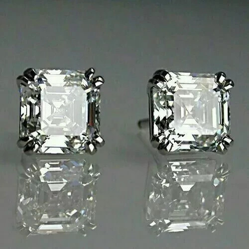 RARE 6.00 Ct Certified Asscher Cut Natural White Diamond Studs White Gold Finish