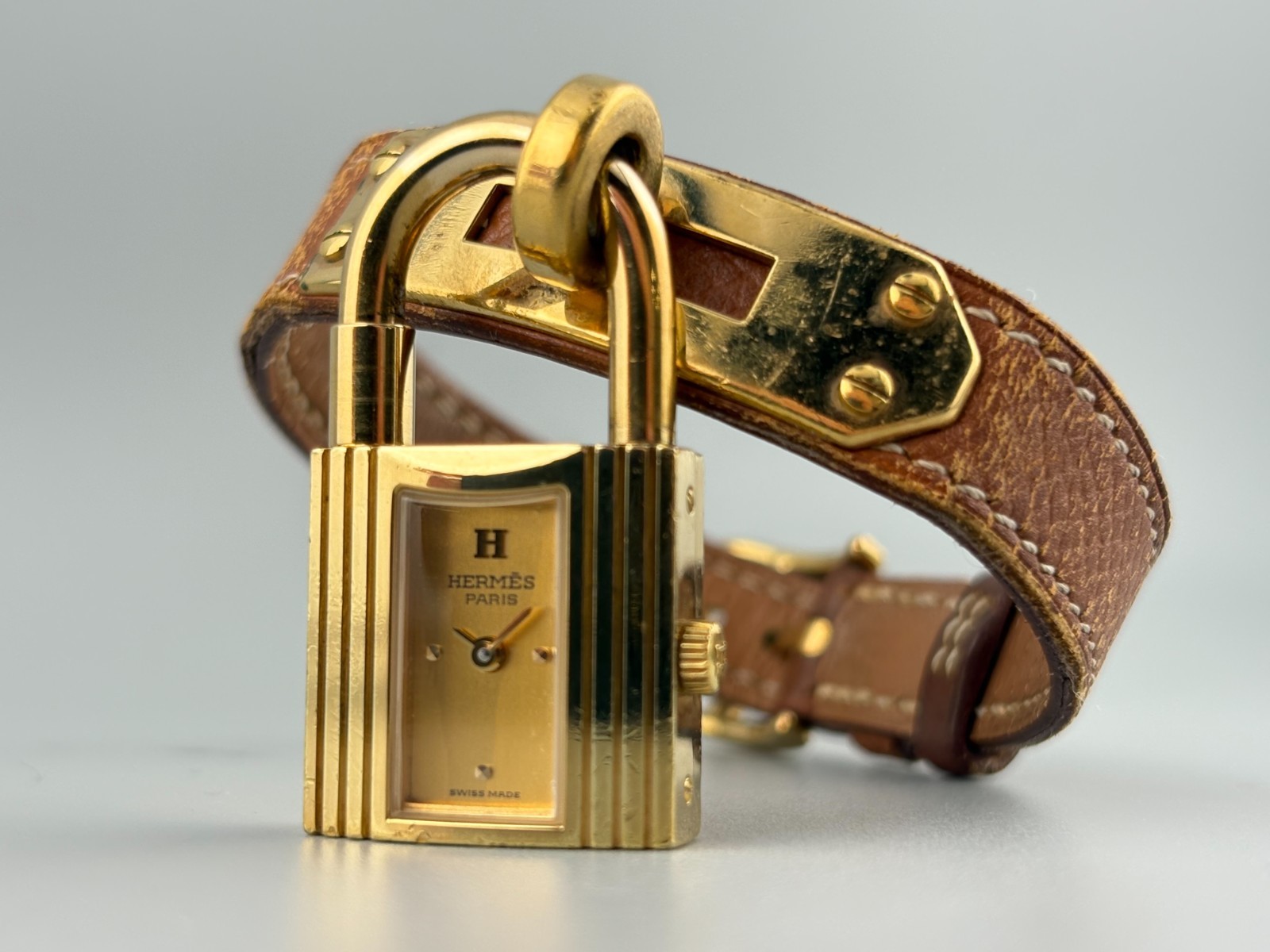 [Very Good] HERMES Kelly Gold Swiss Qz Women’s Padlock Watch Brown Belt