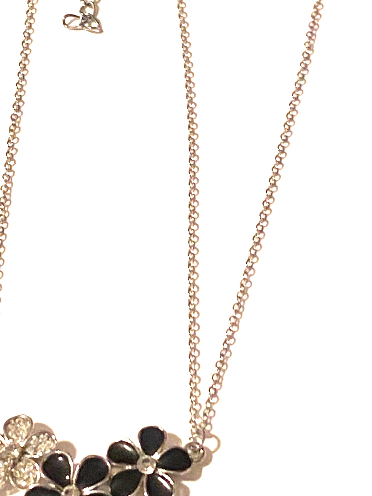 Necklace Silver Tone Double Strand Black Flowers 14 Inch
