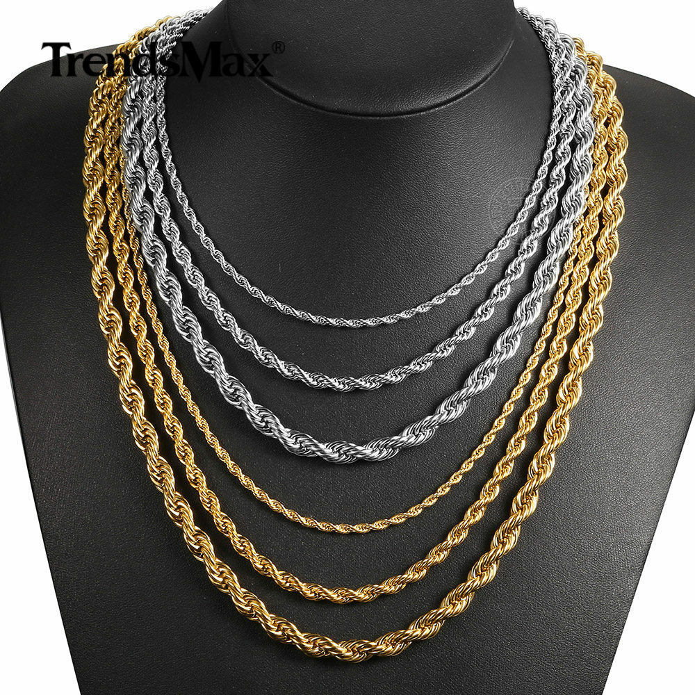 3-7MM Gold Plated Stainless Steel Diamond Cut Twisted Rope Chain Necklace 16-30″