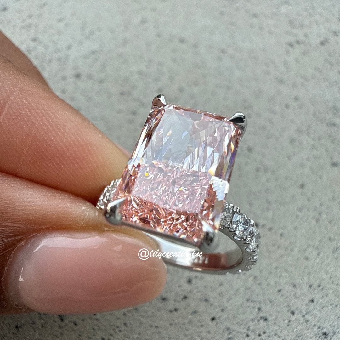 5Ct Pink Radiant IGI Certified Lab Grown Diamond Engagement Ring w/Side Diamonds