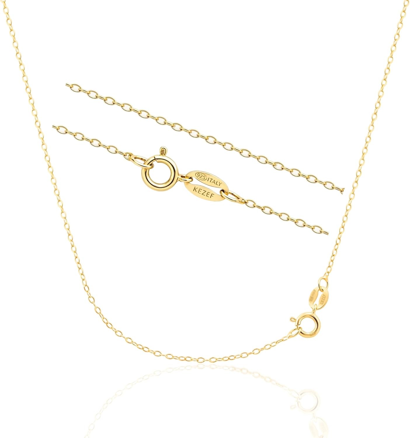 KEZEF 18ct Gold over Sterling Silver 1.3 mm Cable Chain for Women or Men – 925 S