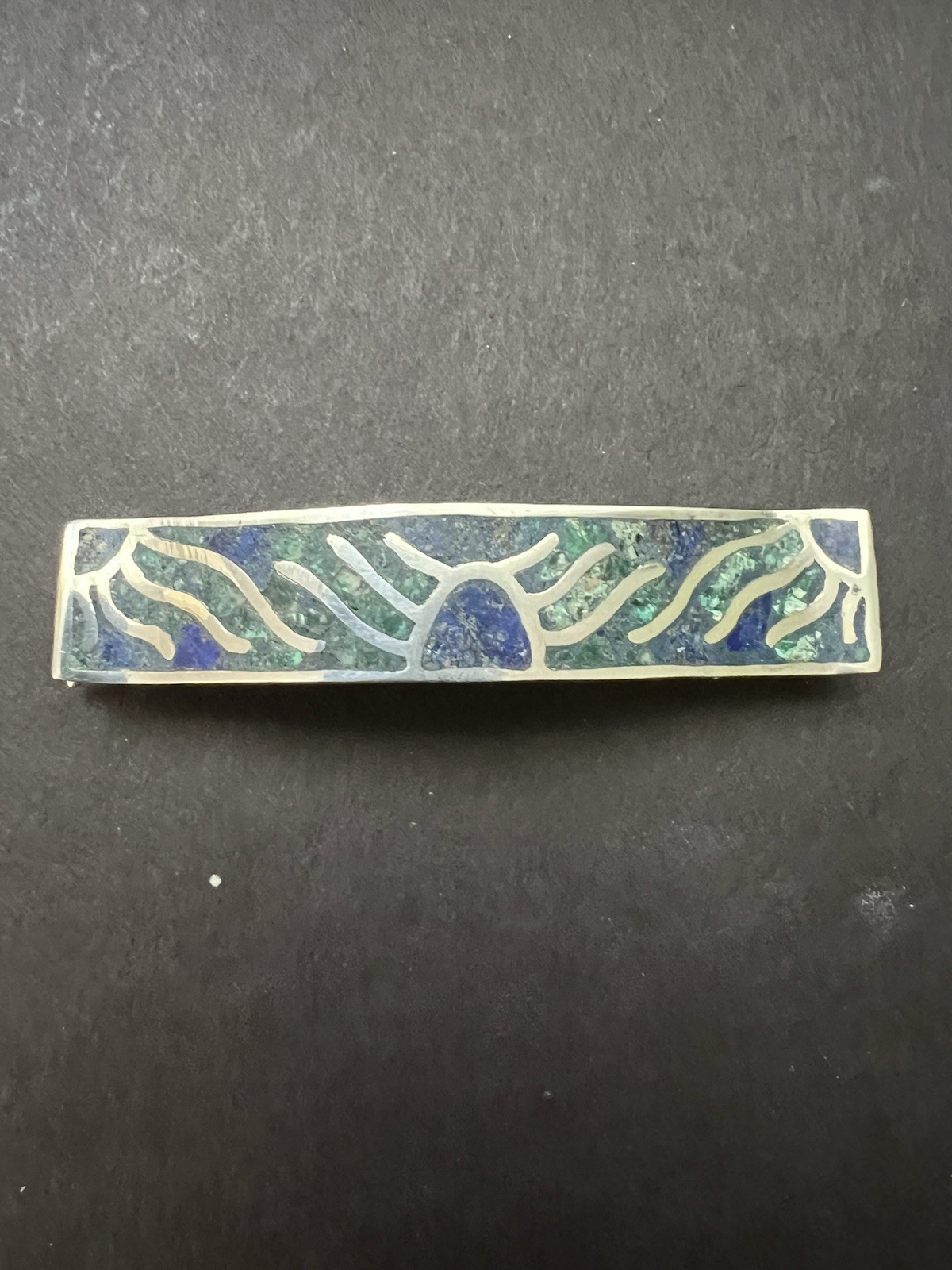 Vtg Sterling Silver 925 Hair Clip Barrette Green Blue Inlay Mexico Taxco 2.5”