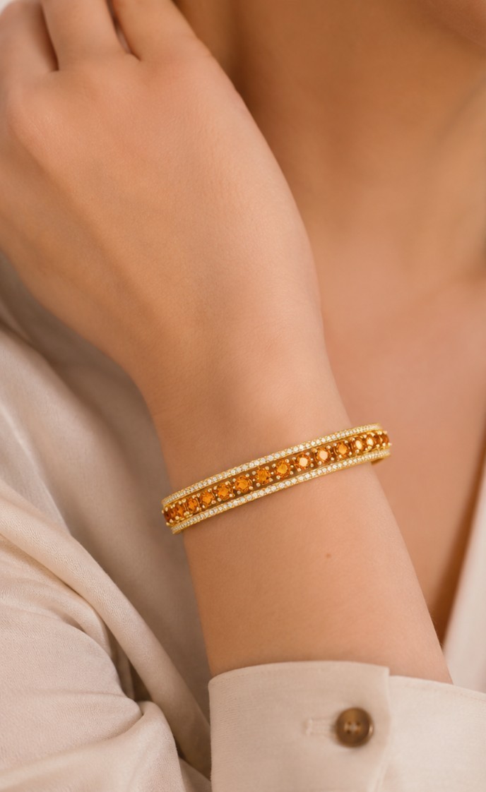Natural Citrine Cuff Bracelet 925 Sterling Silver 14K Gold Plated Moissanite