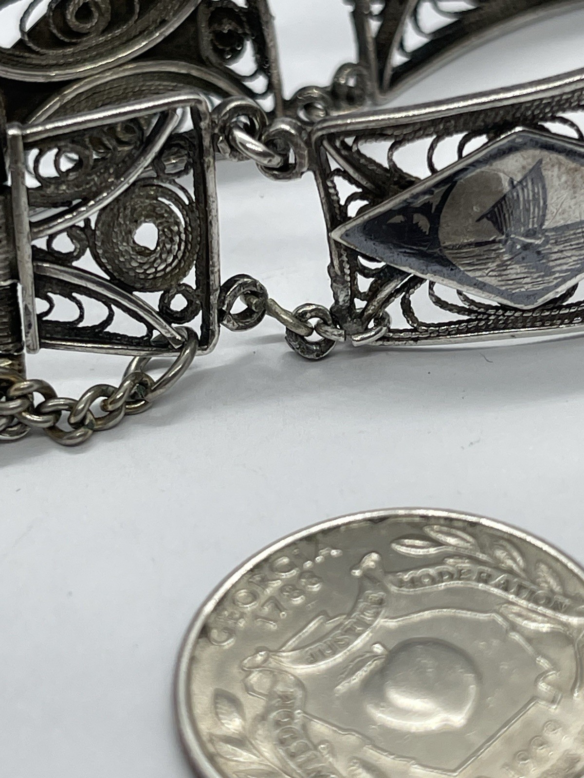 Antique Vintage Sterling Filigree 4 Picture Panel Bracelet 6 1/2” AS IS