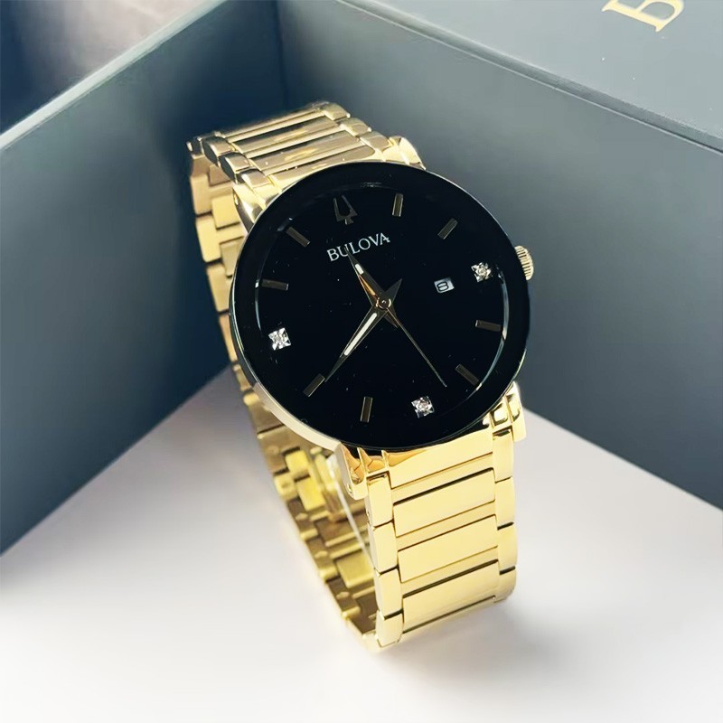 Bulova Futuro Modern 97D116 Black Diamond Dial Gold Band Quartz Men’s Watch 42MM